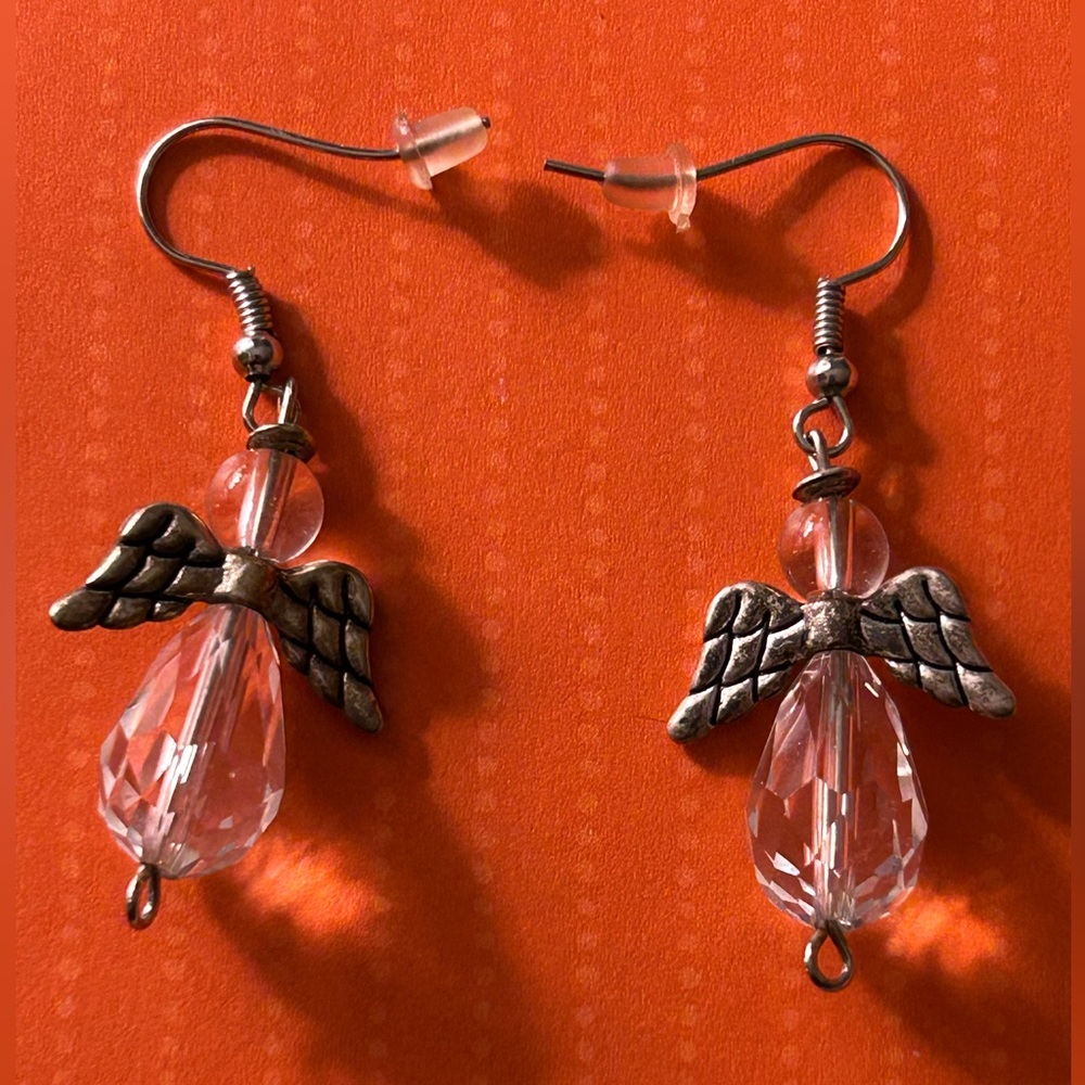 NWOT Earrings Crystal Angel earrings, etched wings & Halo, pierced drop hook